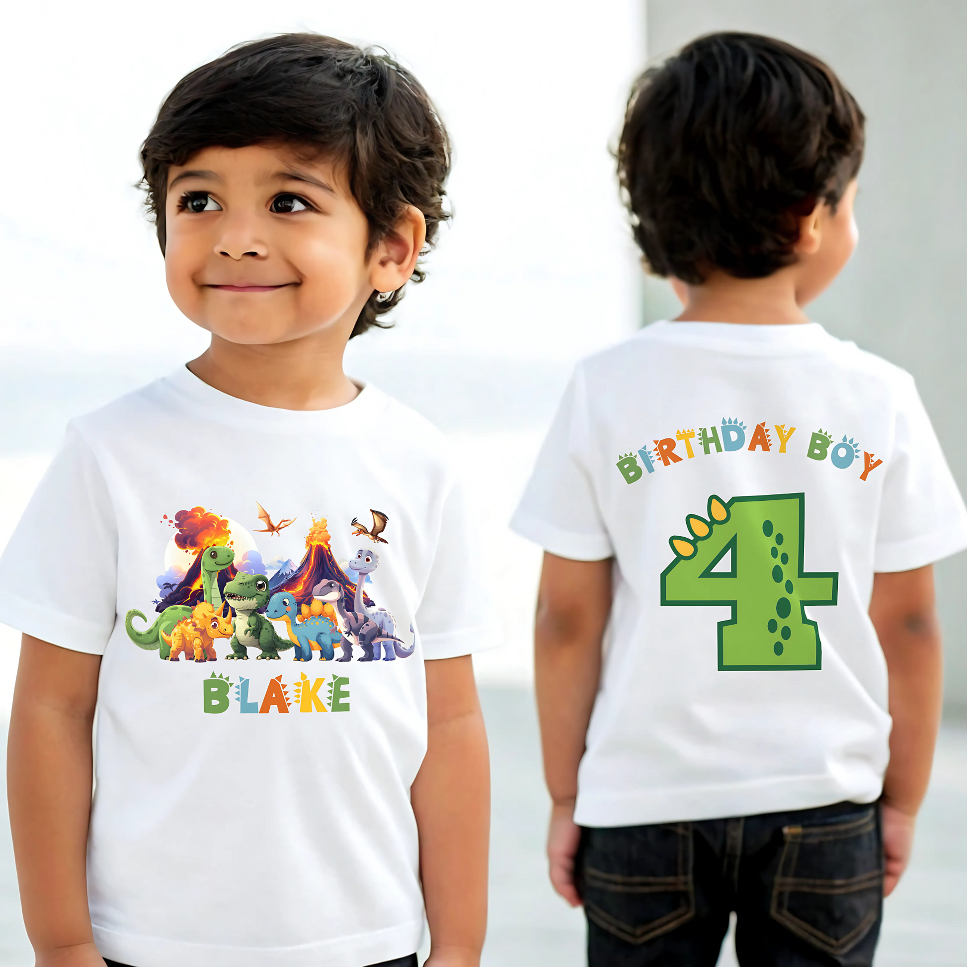 Dinosaur Birthday T-shirt: Personalised Boys Dinosaur Birthday T-Shirt, designed for a toddler's birthday party. The shirt features a vibrant back print of a playful dinosaur number, symbolising the birthday boy age. It's a stylish, comfortable, and customisable Dino Trex Party Top, perfect for a dinosaur-themed celebration. Personalisation options include adding the child's name and age, making it a unique keepsake. Ideal for making your little dino-lover feel special on his birthday.