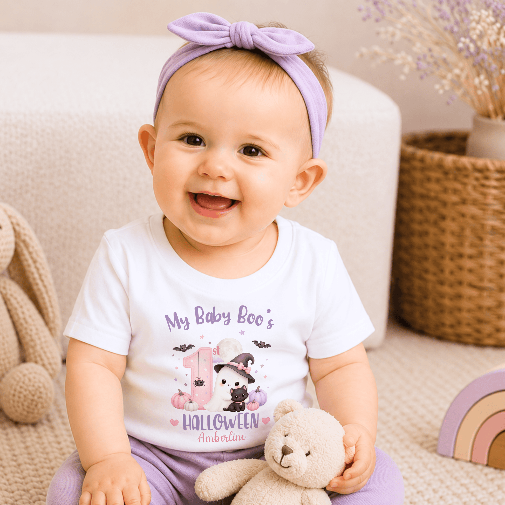 Personalised First Halloween Baby Outfit for girls with Baby Boo ghost, black cat, pumpkins and pink and lilac 1st Halloween design