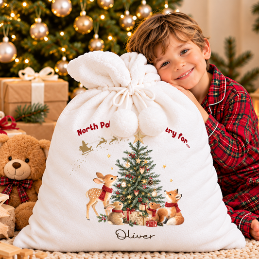 Personalised Christmas stocking and sack: Woodland Animals Christmas Stocking & Santa Sack with deer, fox, bunny and squirrel design, available individually or as a matching set.