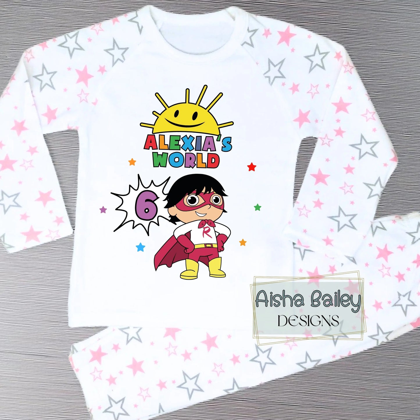 Ryan's World personalised birthday pyjamas for girls with colourful superhero design