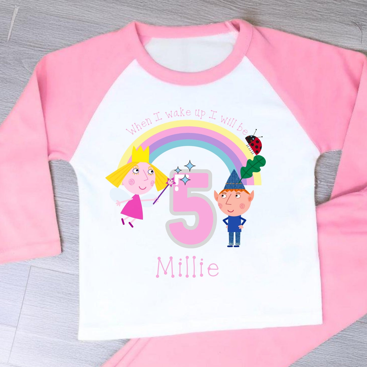 Ben and Holly birthday pyjamas: Personalised Ben and Holly’s Little Kingdom birthday pyjamas for girls with rainbow, characters, age and custom name.