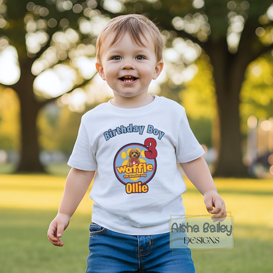 Waffle birthday t-shirt personalised for boys with custom name and age
