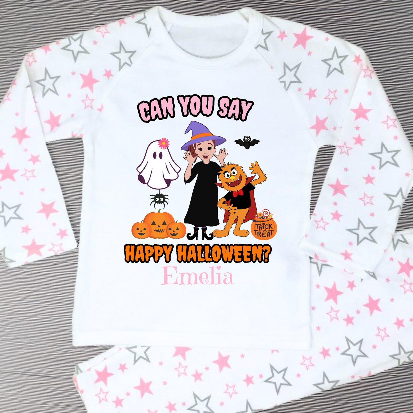 Girls personalised Ms Rachel Halloween pyjamas with “Can You Say Happy Halloween?” design and child’s name