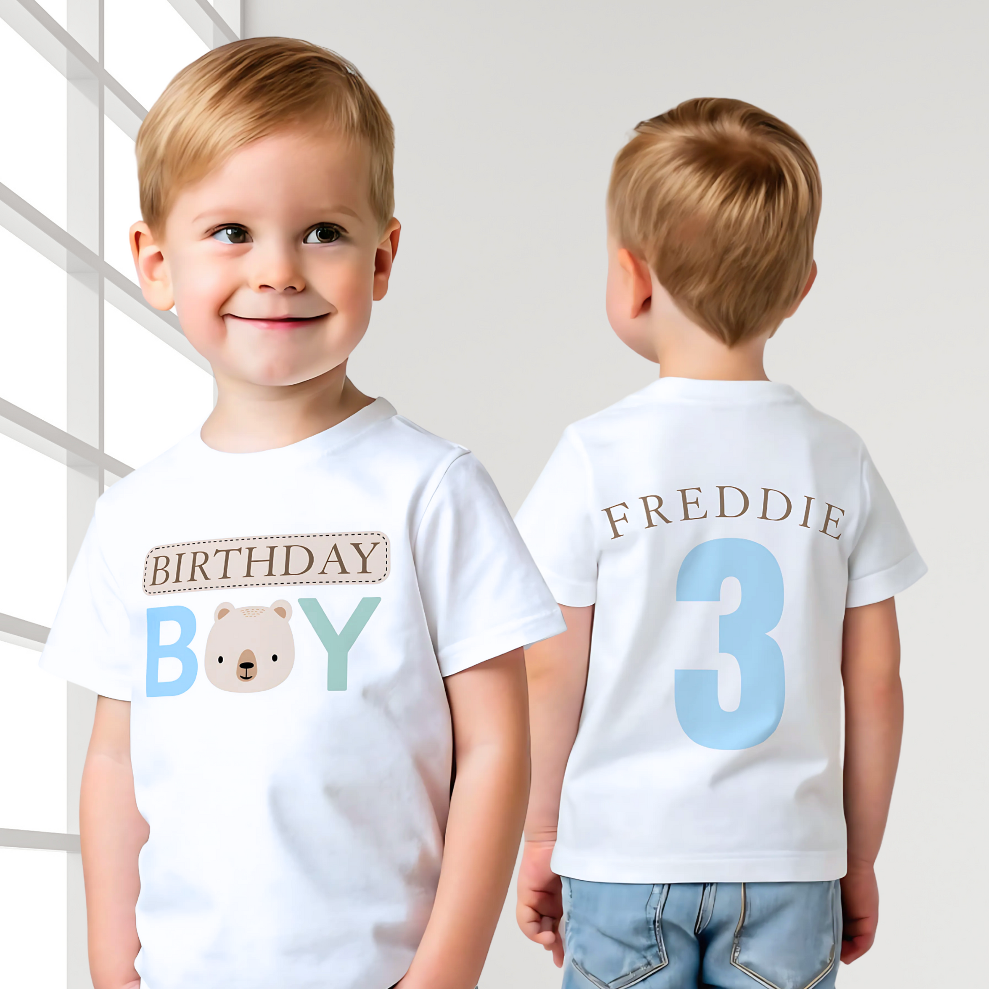 Teddy Bear Birthday T-shirt, Personalized Brown Bear Birthday T-Shirt: A charming white t-shirt showcasing a neutral theme with an adorable teddy bear head graphic and the words “Birthday Boy” in eye-catching beige, blue, and sage tones. The back is personalized with the child's name and age, making it the perfect birthday gift or celebration outfit for a toddler boy, ideal for memorable birthday photos and parties.