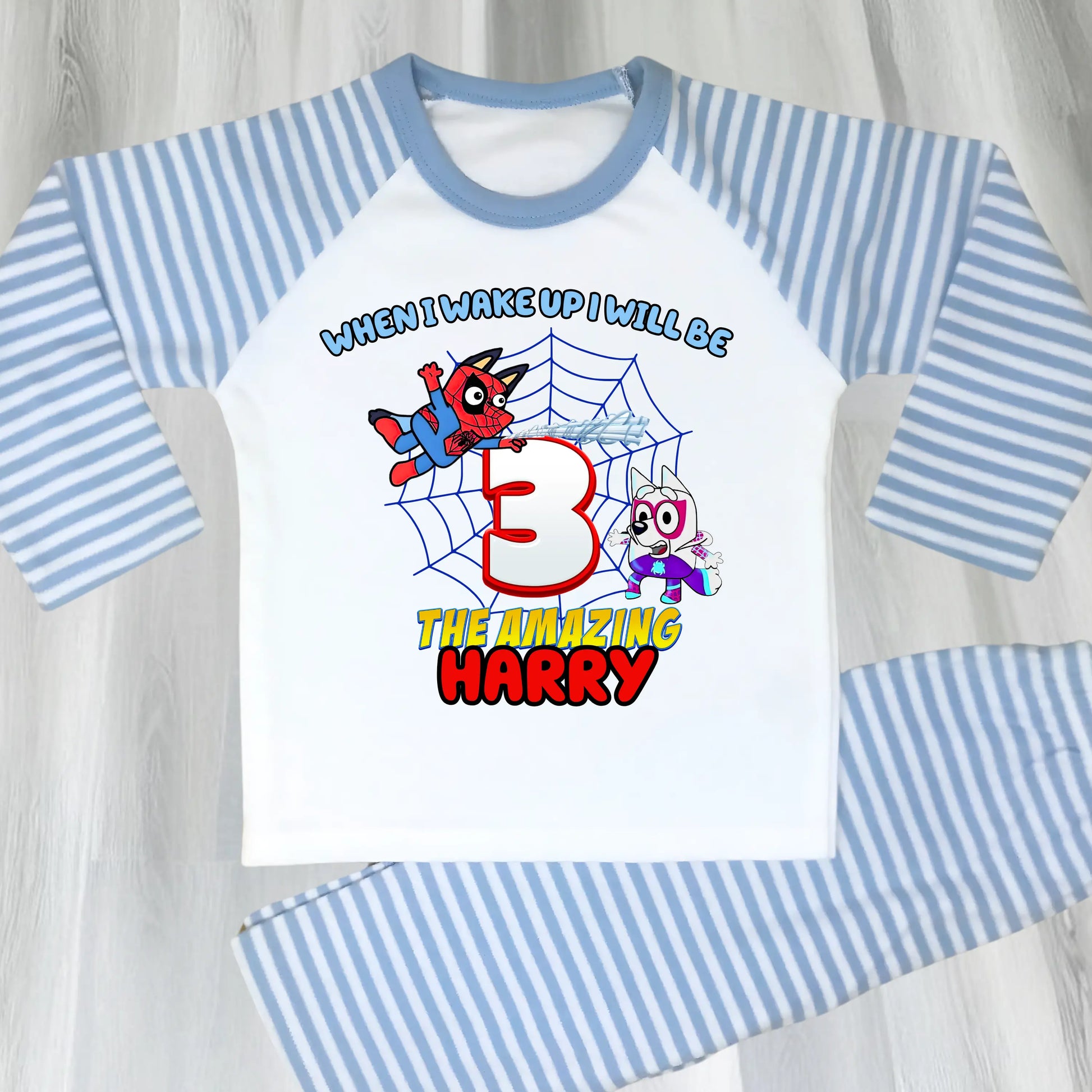 Personalised Spidey Bluey Birthday Pyjamas for Boys  - any name and age AishaBaileyDesigns
