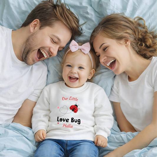 Girls Valentines day sweatshirt with a cute ladybird design. Perfect for your ladybug with her custom name, gift for Valentine's Day