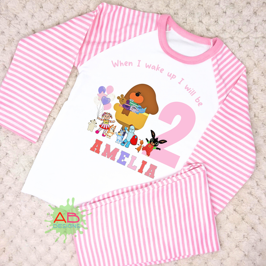 Cbeebies Birthday pyjamas, Girls personnalised birthday pyjamas, girls personalised cbeebie character birthday pyjamas