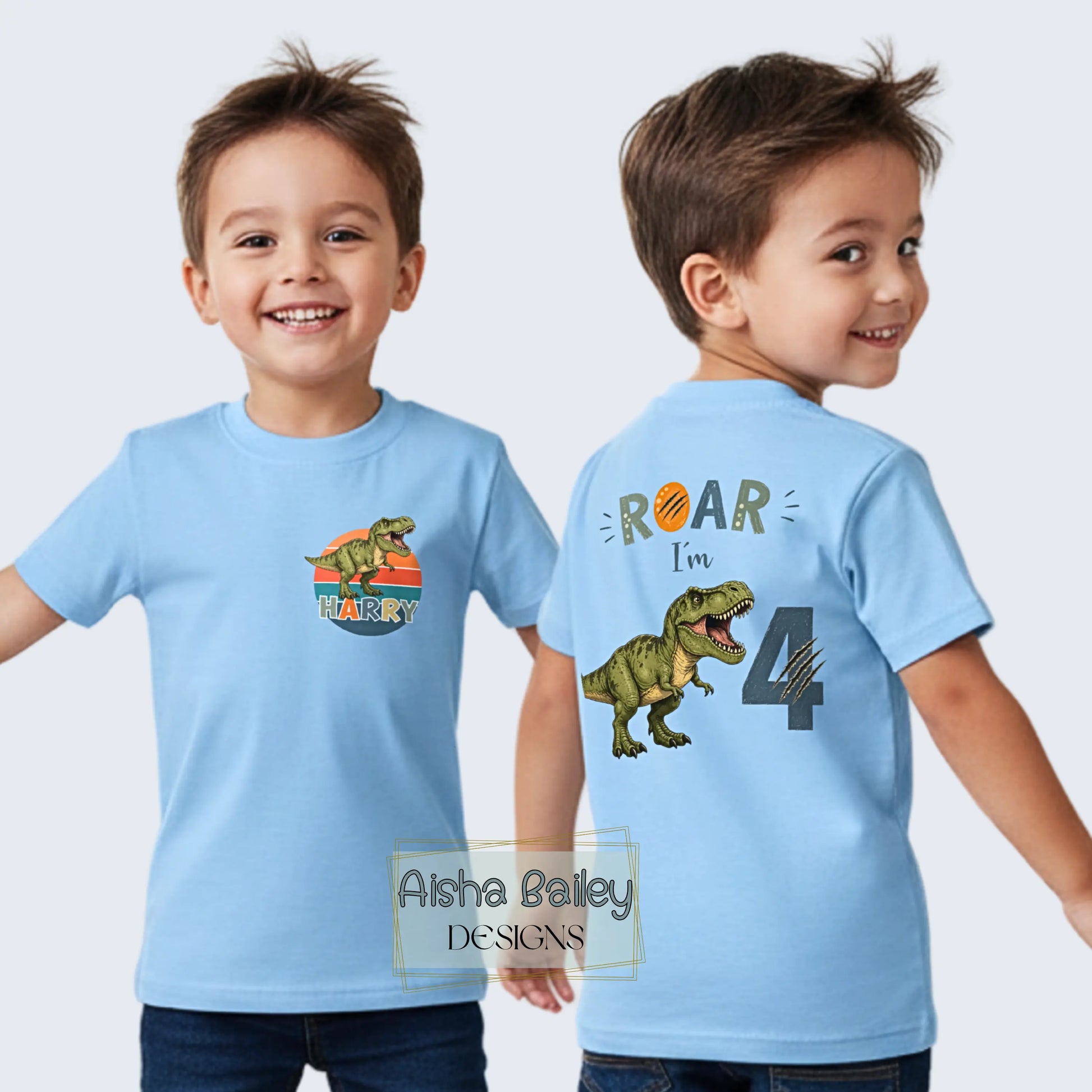 Personalised Boys Dinosaur Birthday T-shirt, Roar I’m 4 - 4th Birthday Tee AishaBaileyDesigns