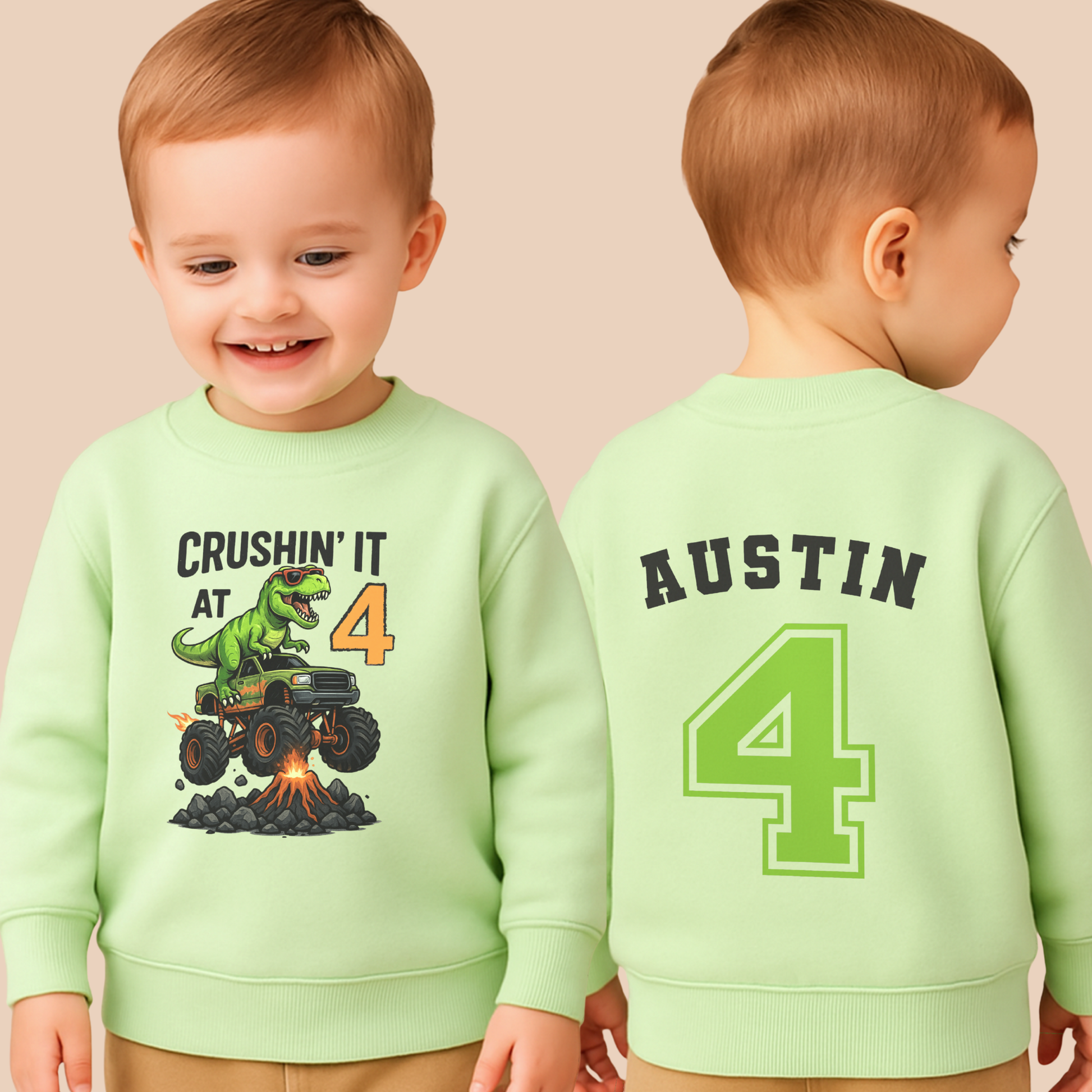 Personalised boys dinosaur birthday sweatshirt with T-Rex monster truck and custom name and age back print