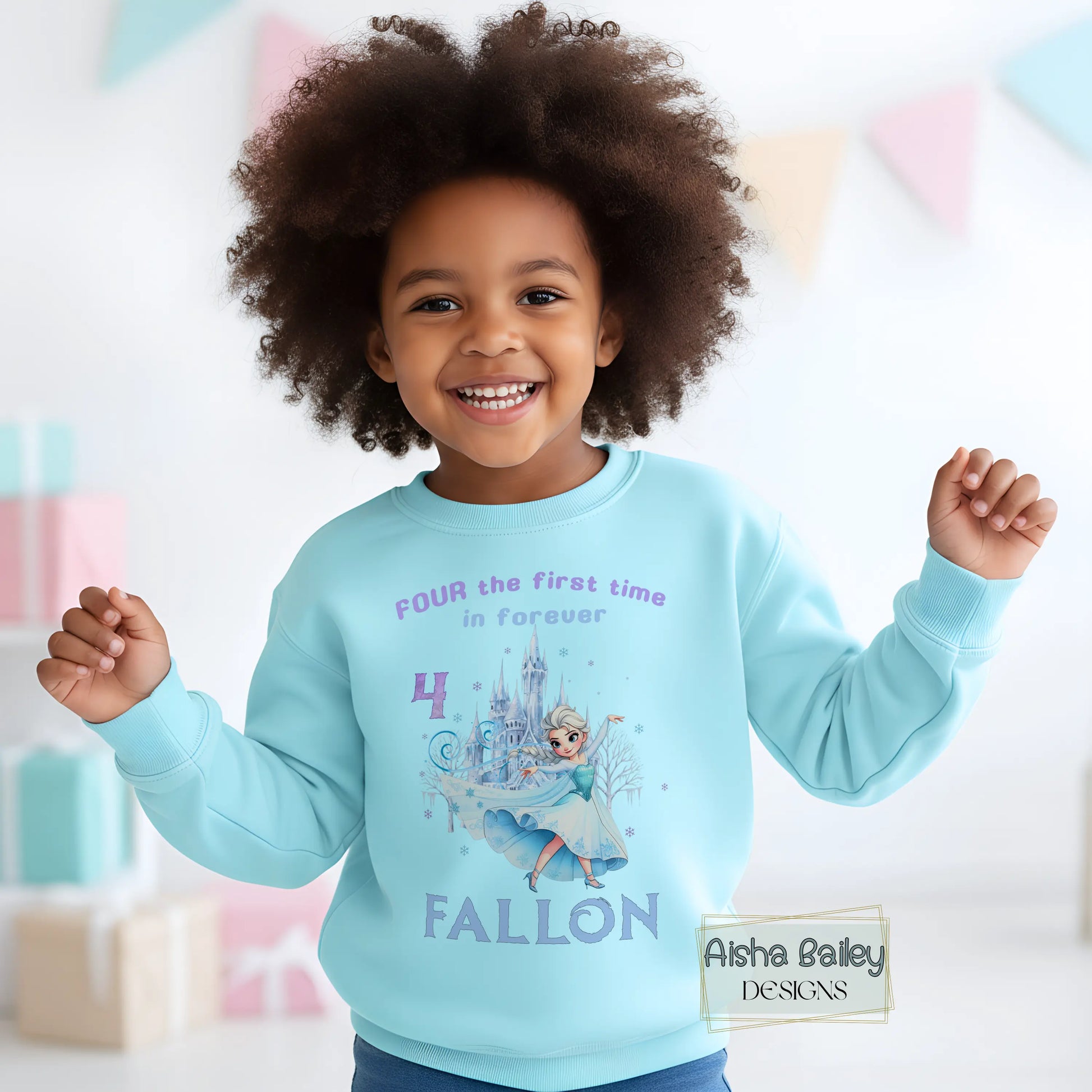Personalised Frozen Elsa 4th birthday sweatshirt for girls with custom name princess winter design