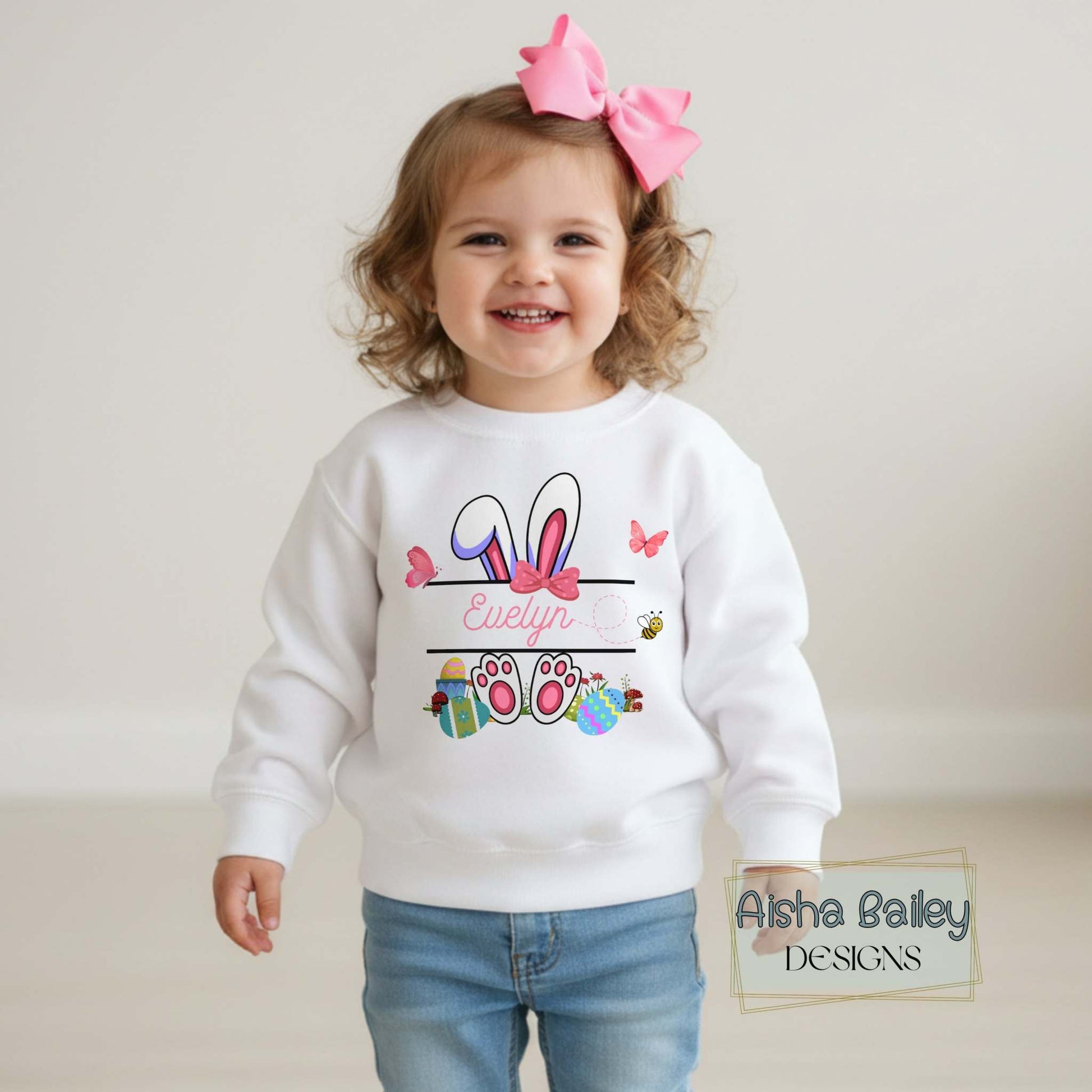 Personalised Easter Top for girls with a white rabbit and custom name. Choice of t-shirt or sweatshirt