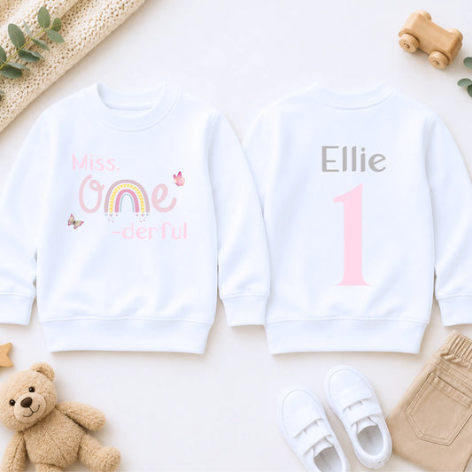 Personalised 1st Birthday Sweatshirt – Girls Miss One-derful Boho Rainbow Jumper AishaBaileyDesigns