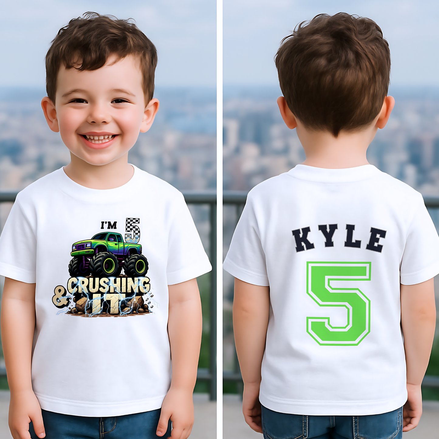 Boys Personalised Monster Truck Birthday T-shirt with Back Print