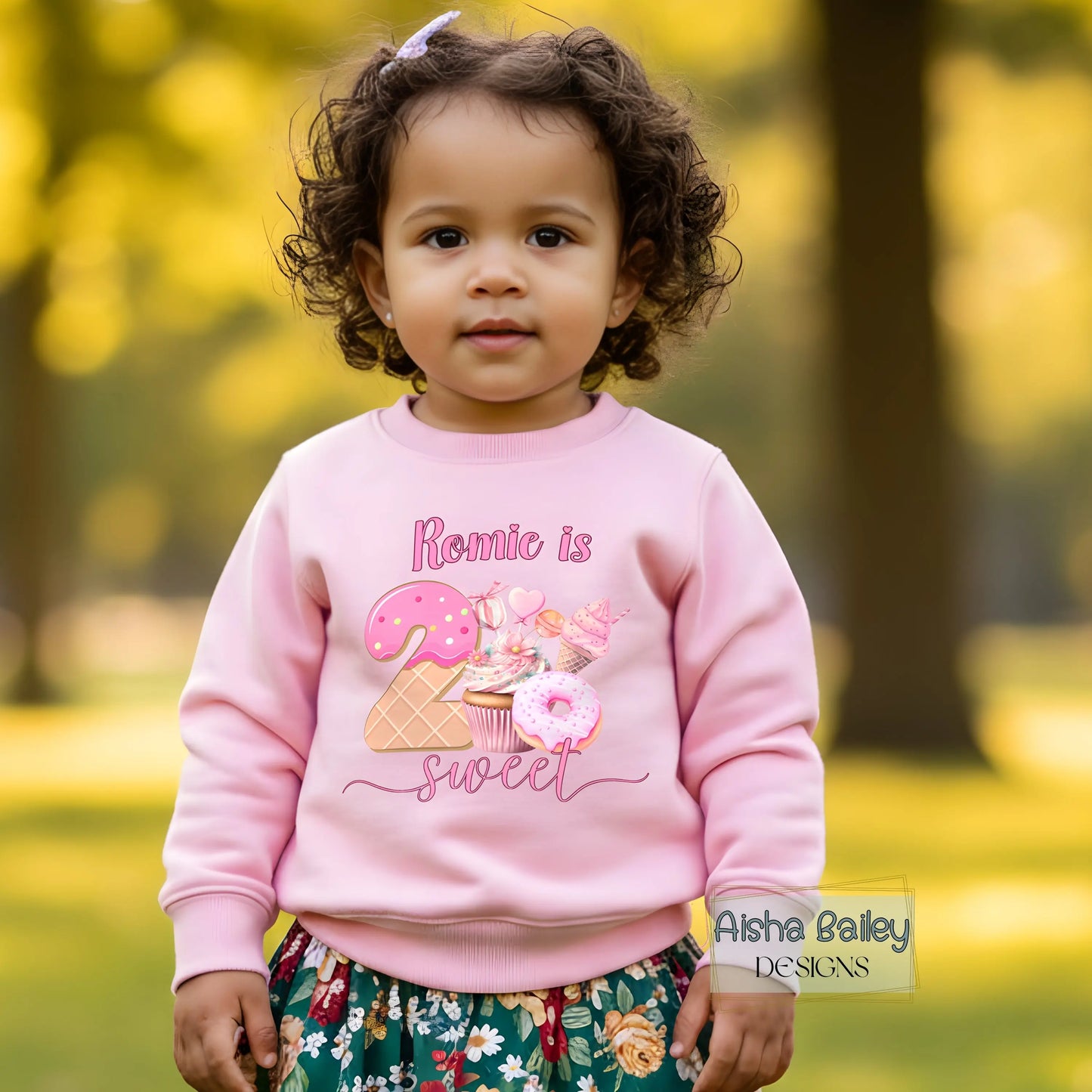 Personalised two sweet birthday sweatshirt for toddler girl with ice cream and donut design and custom name