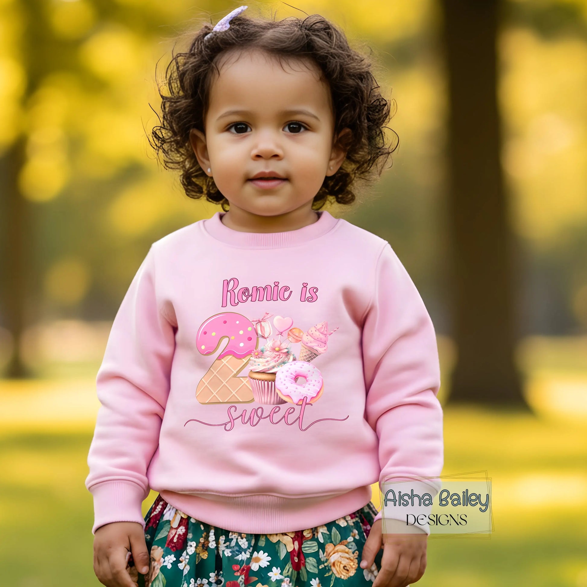Personalised two sweet birthday sweatshirt for toddler girl with ice cream and donut design and custom name