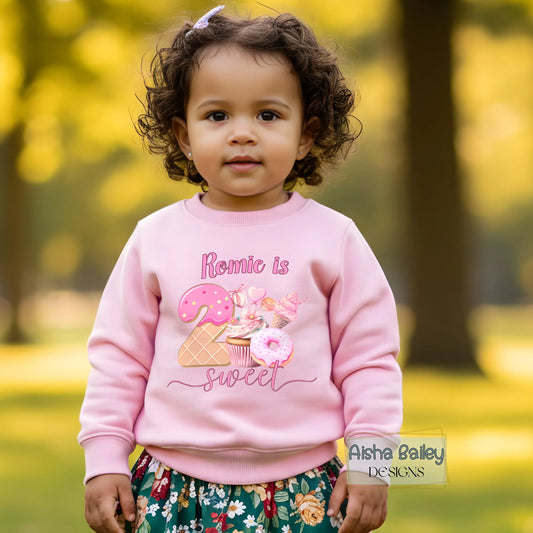 Personalised two sweet birthday sweatshirt for toddler girl with ice cream and donut design and custom name