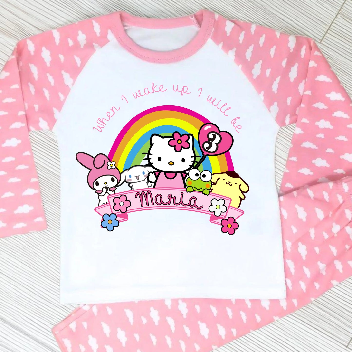Personalised Hello Kitty Birthday Pyjamas for Girls – Custom Name & Age Kids PJs AishaBaileyDesigns