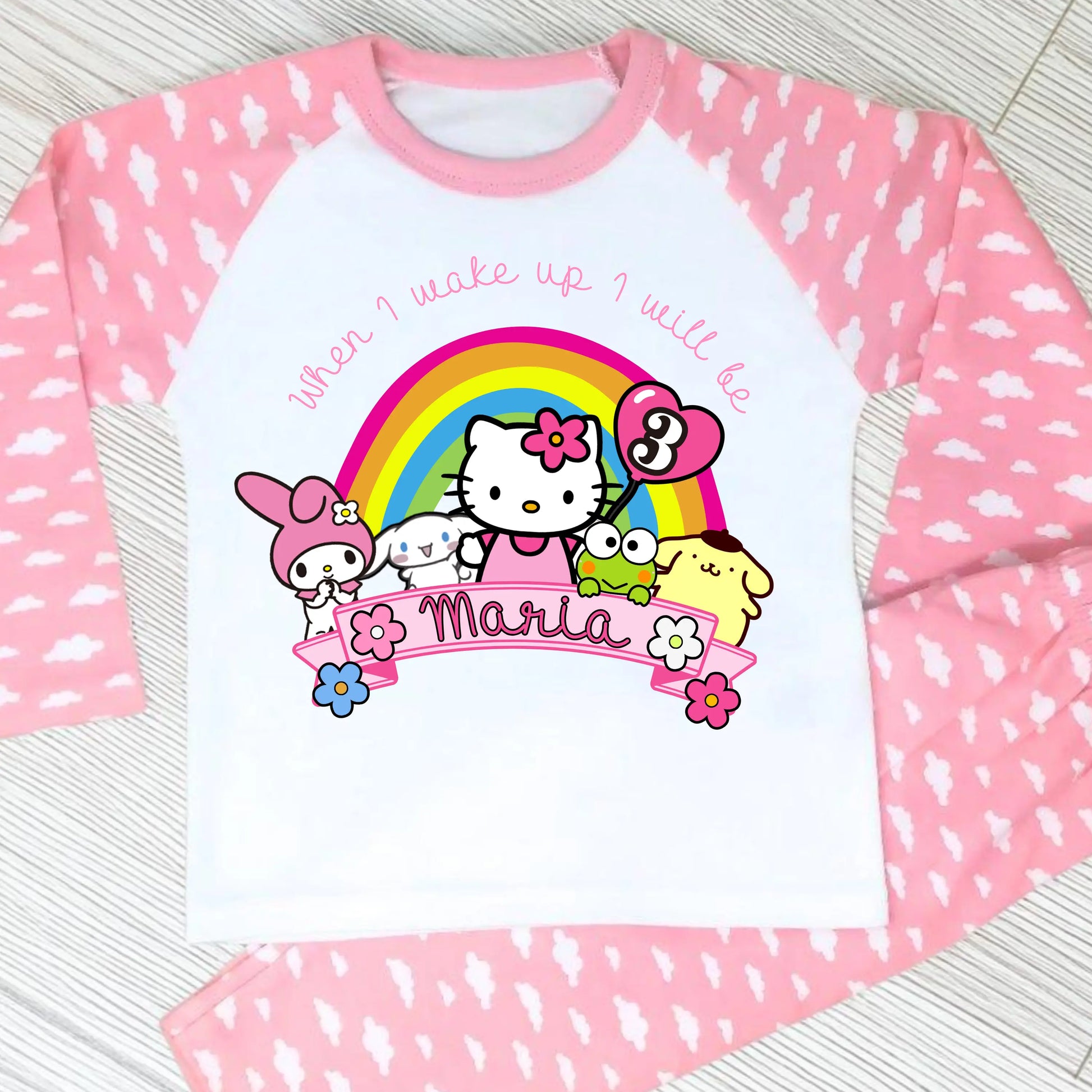 Personalised Hello Kitty Birthday Pyjamas for Girls – Custom Name & Age Kids PJs AishaBaileyDesigns