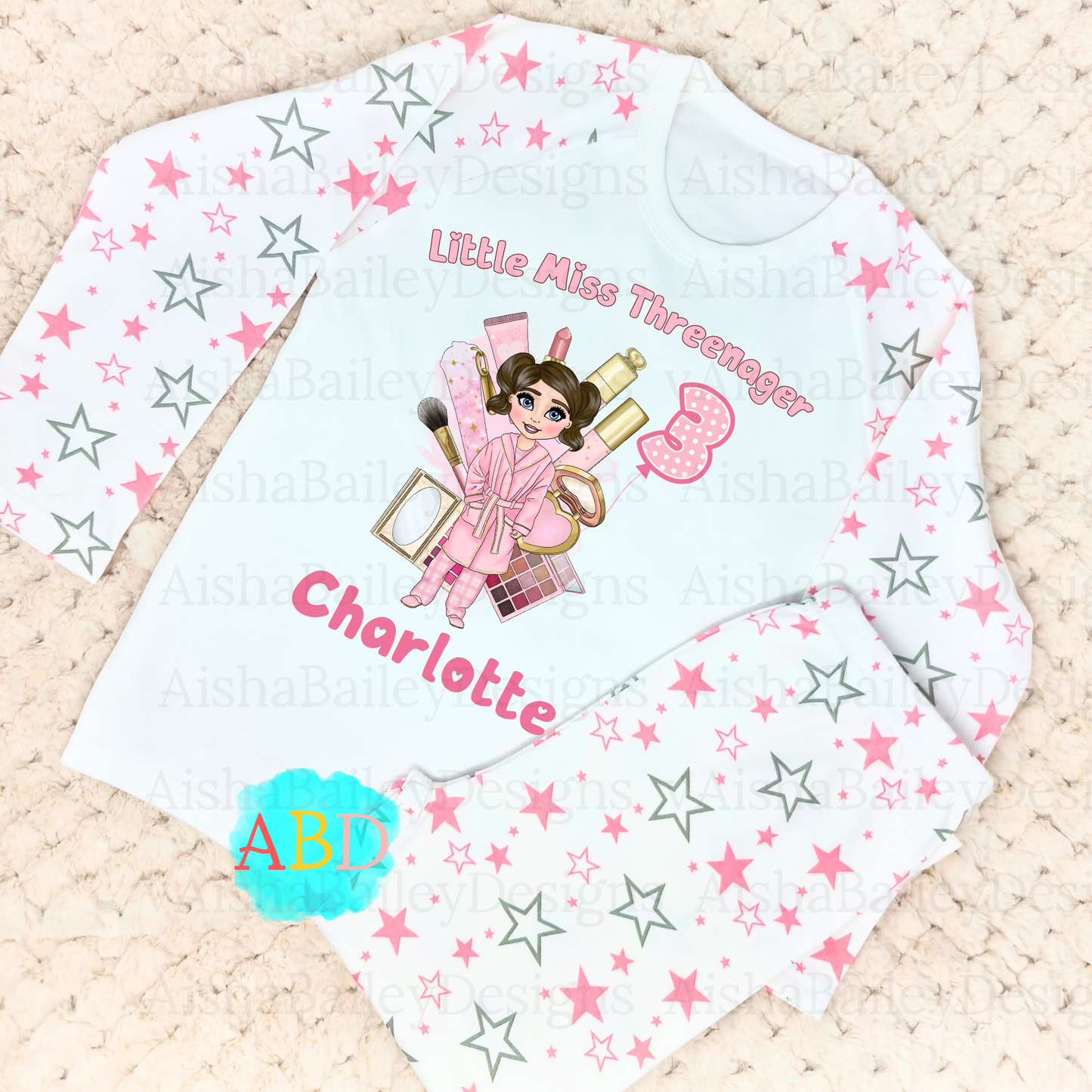Personalised Threenager birthday pyjamas for 3rd birthday, Customisable Makeup Dolly PJs