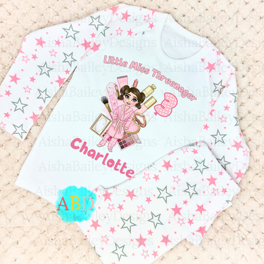 Personalised Threenager birthday pyjamas for 3rd birthday, Customisable Makeup Dolly PJs