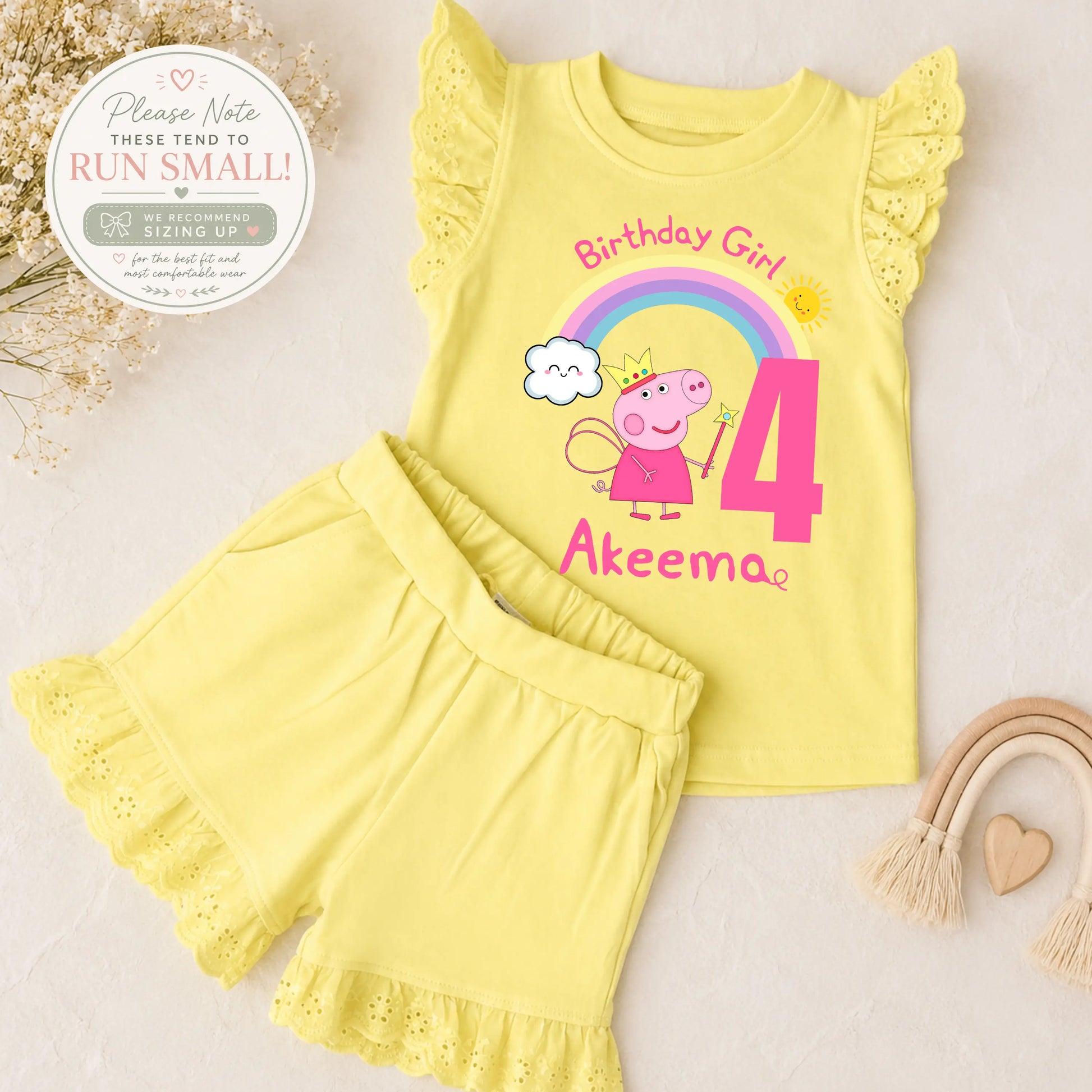 Personalised Peppa Pig Birthday Outfit for Girls – Frilly Top and Shorts Set with Name & Age AishaBaileyDesigns