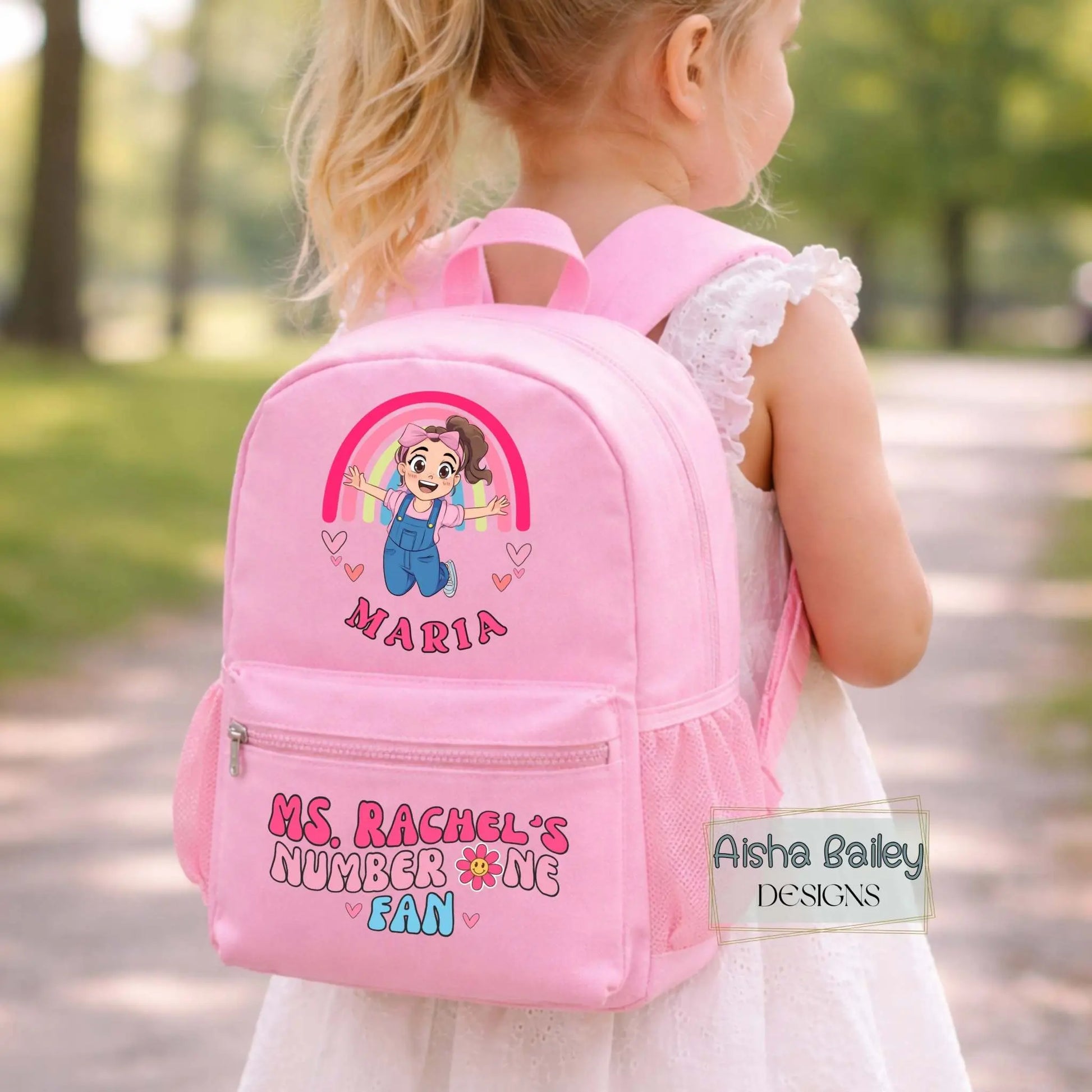 Personalised Ms Rachel backpack for kids with custom name, rainbow design toddler school bag in pink, blue and beige