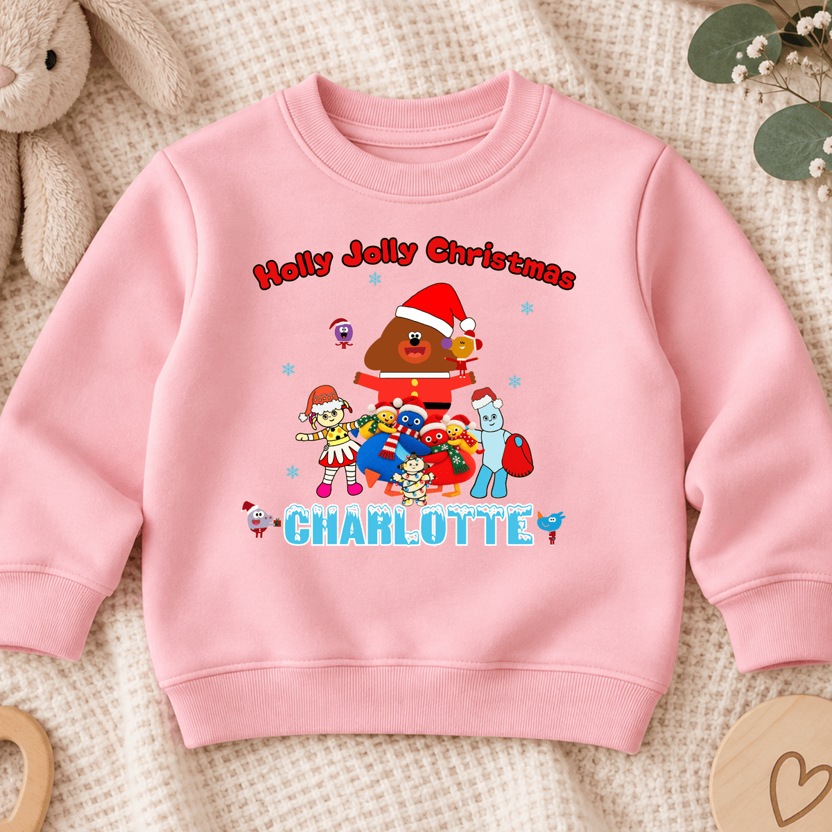 Personalised CBeebies Christmas Jumper for kids featuring festive CBeebies-inspired characters and a custom name, perfect for Christmas.