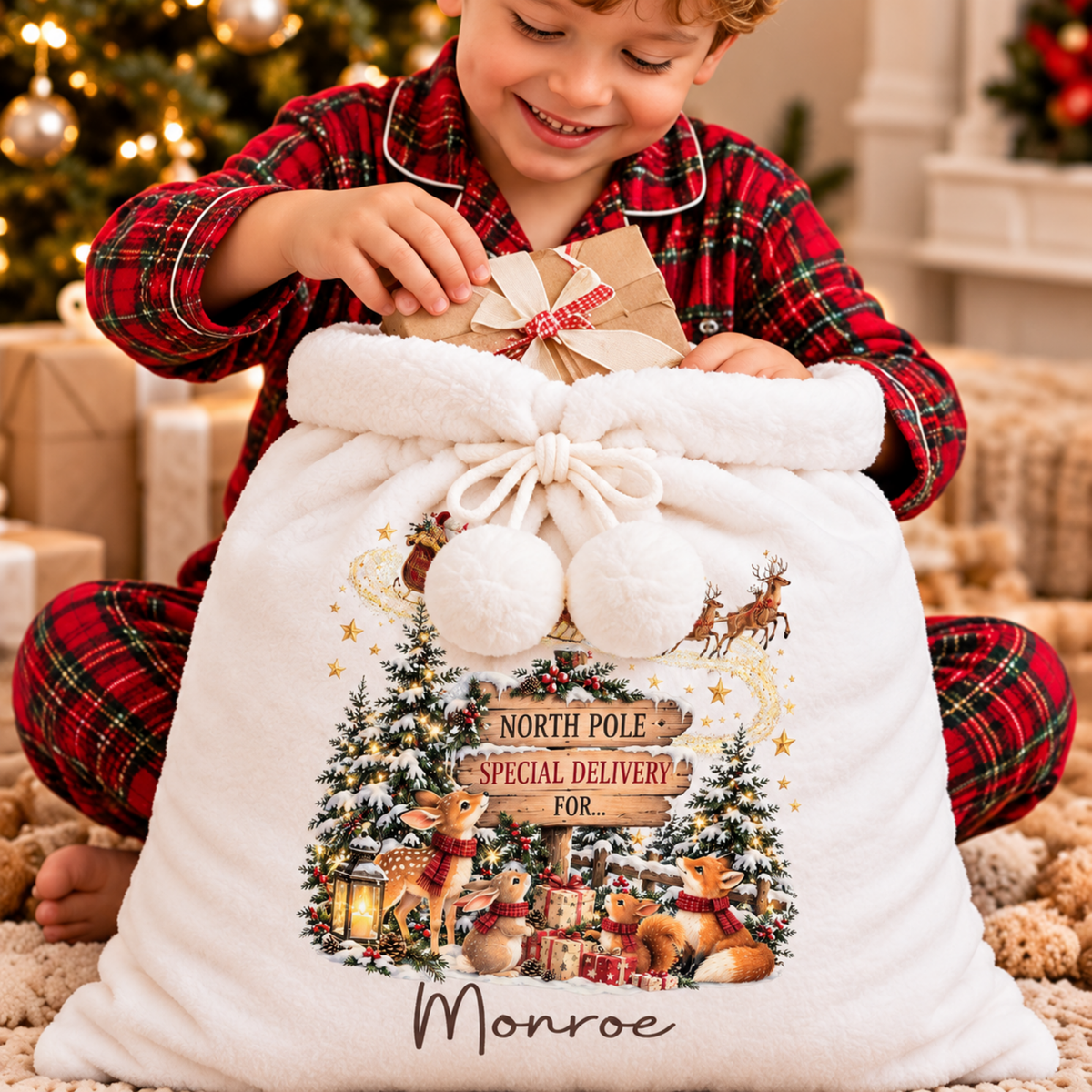 Personalised Christmas Stocking and Santa Sack featuring Santa's sleigh, woodland animals, snowy trees and North Pole wooden sign with child's name.