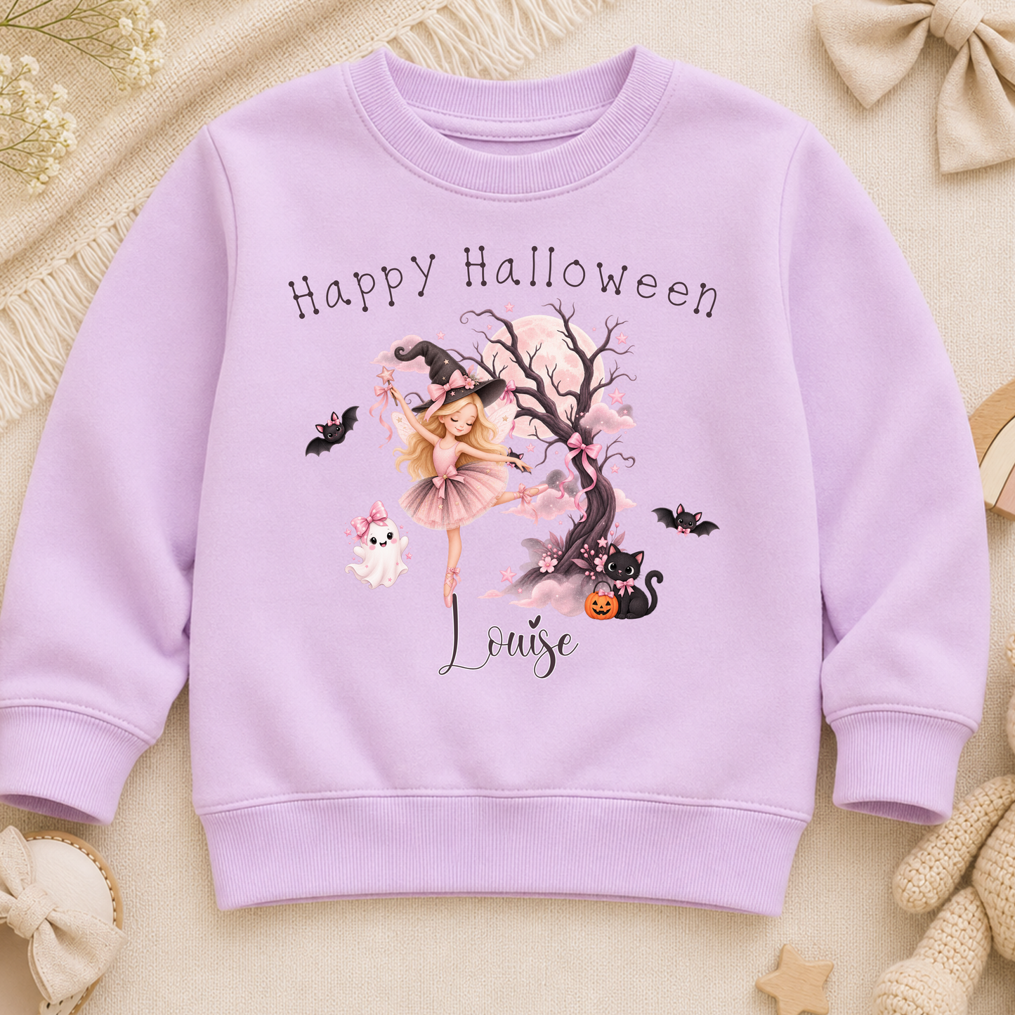 Personalised Halloween Sweatshirt for girls with witch ballerina, black cat, ghost, bats and child's name in pink Halloween design.