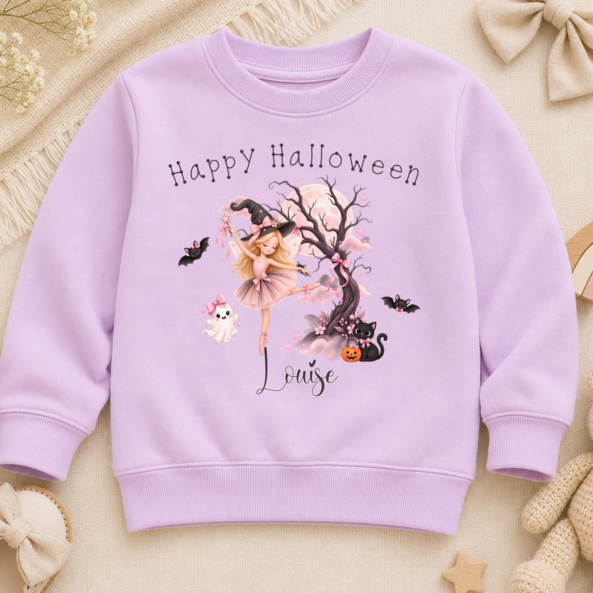 Personalised Halloween Sweatshirt for girls with witch ballerina, black cat, ghost, bats and child's name in pink Halloween design.