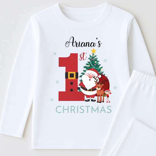 First Christmas Pyjamas, Personalised white baby 1st Christmas pyjamas with Santa, reindeer, and Christmas tree design