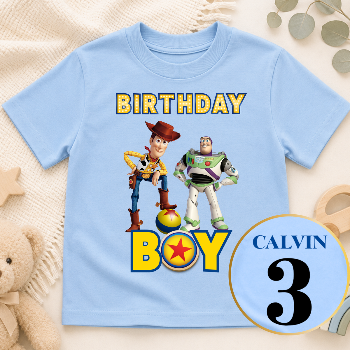Personalised Buzz and Woody Birthday T-Shirt with child’s name and age, featuring a colourful Toy Story design for boys celebrating their special day.