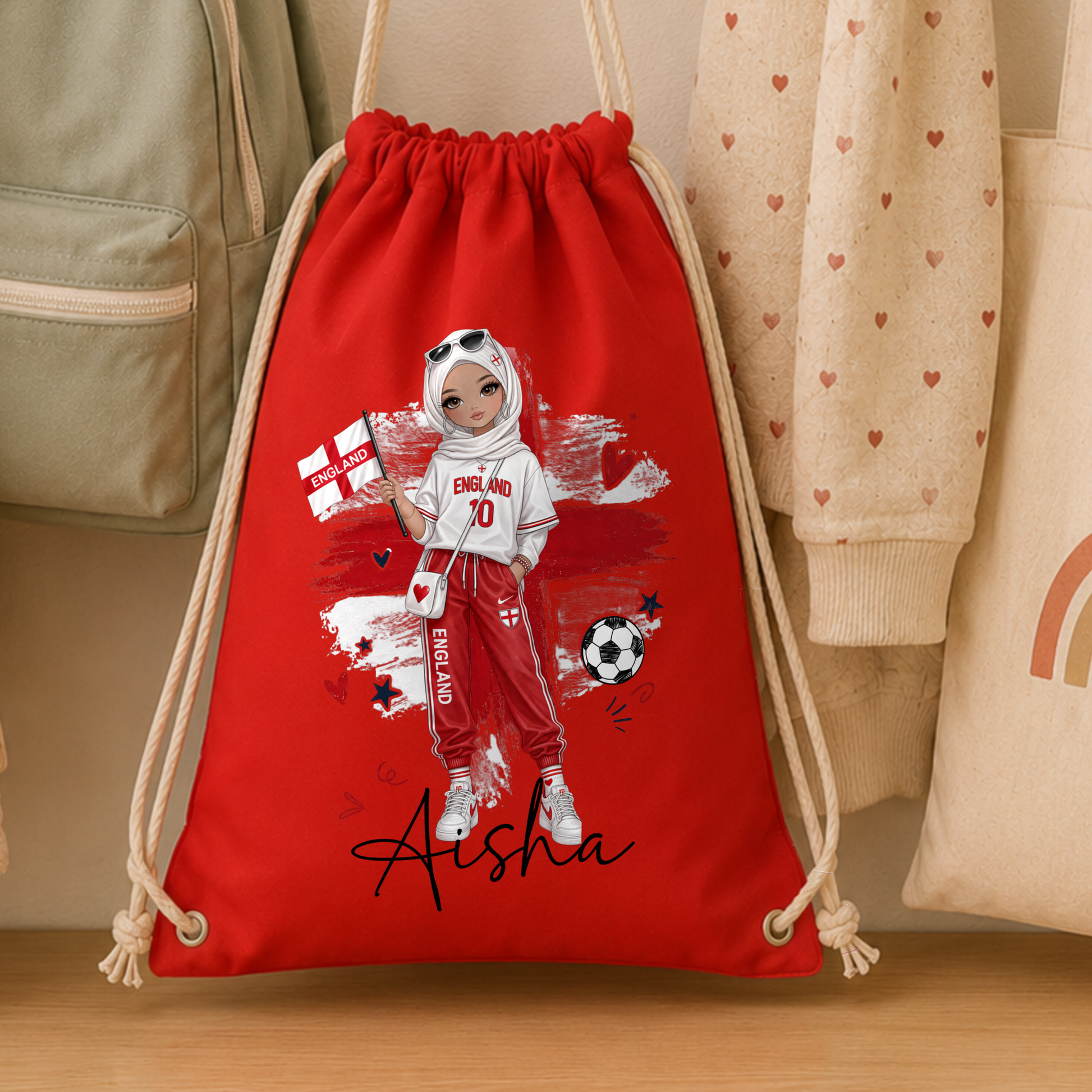 Personalised girls England football PE drawstring bag with custom name, perfect for school, football training, sports and gym.