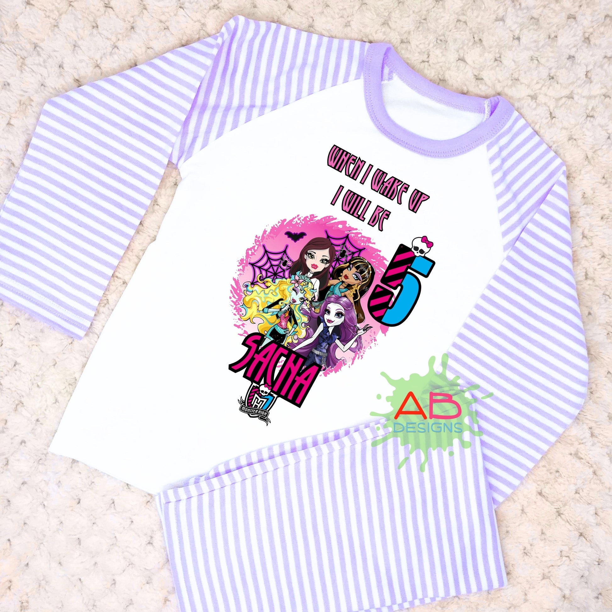 Monster high birthday pyjamas, Girl birthday PJs, Pink Monster High Girl pyjamas, Personalised Birthday PJS Monster Gothic Girl pyjamas, When I wake up monster high
