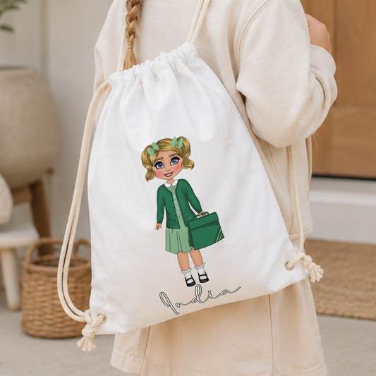 Personalised Back to School Drawstring Bag for girls with custom gingham school doll, child's features and name