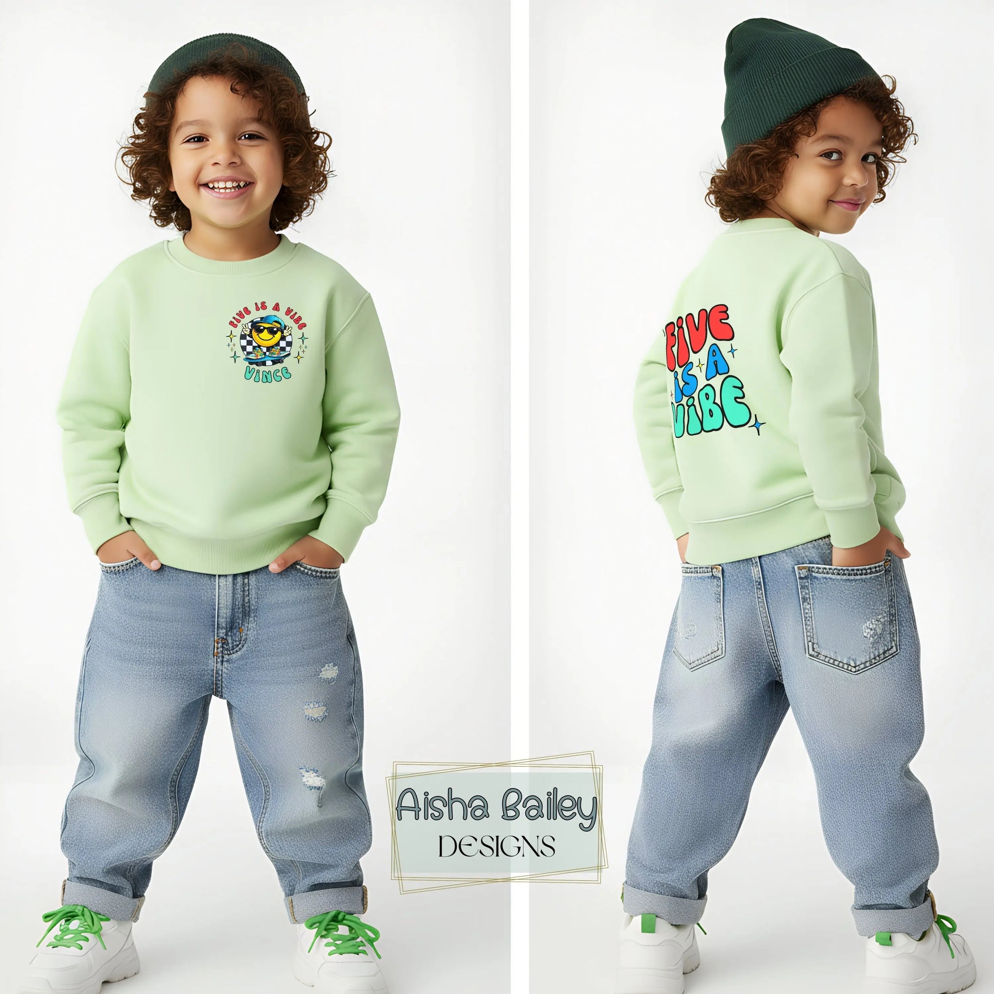 Five is a vibe birthday sweatshirt for boys with a colourful design on back. Personalised with custom name and age.Ideal for 5th birthdays