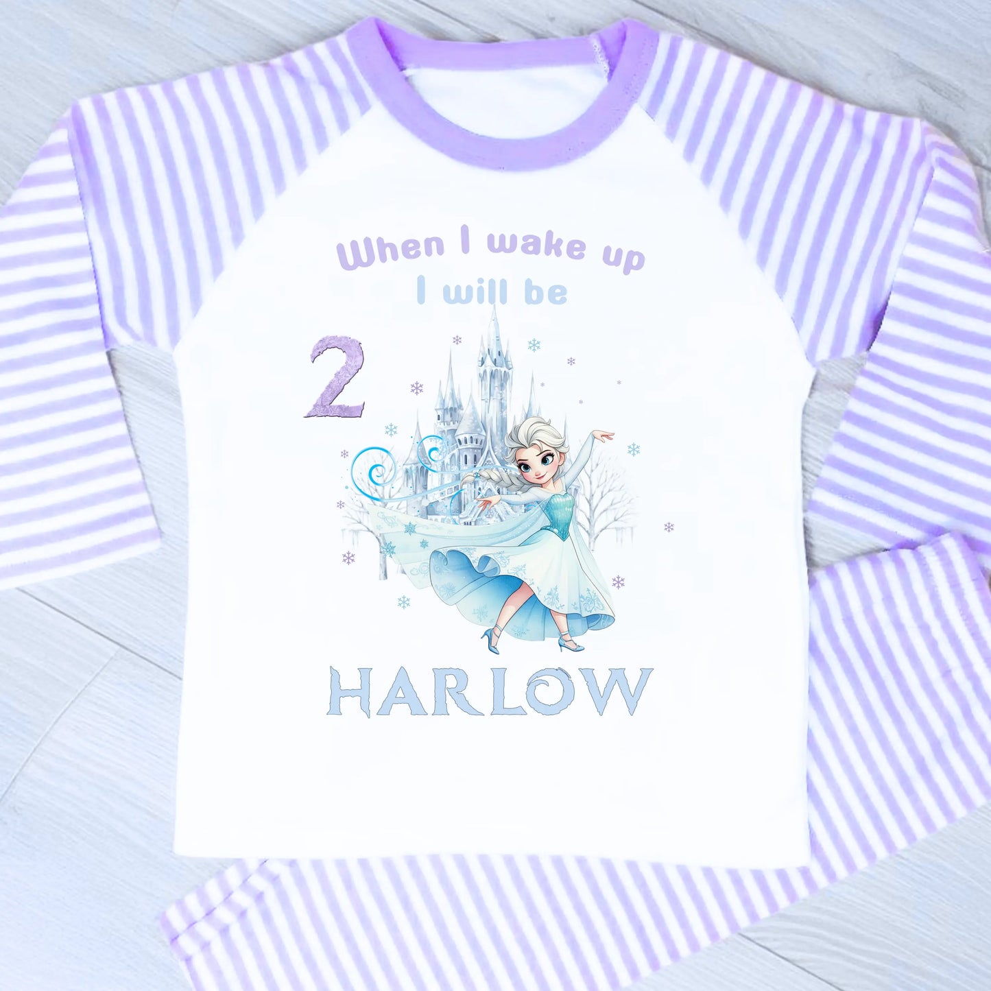 Frozen Elsa Birthday Pyjamas for Girls Personalised with Name & Age: Raglan & White Frilly PJs AishaBaileyDesigns