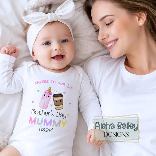 Personalised First Mothers Day baby girl sleepsuit with mummy and daughter drink toast design, custom name Mother’s Day outfit keepsake gift