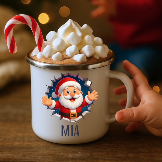 Personalised kids Christmas mug with Santa Claus breakout design and custom name, stocking filler mug, kids christmas gift
