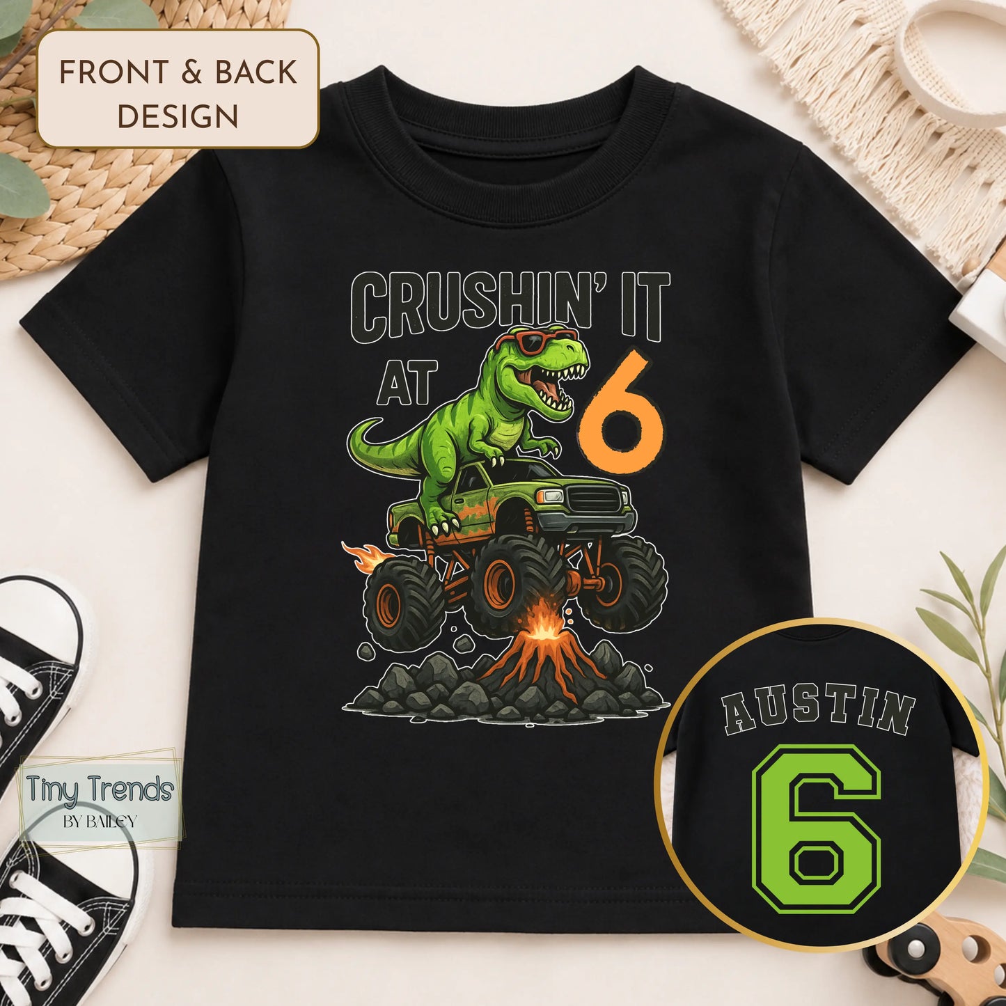 Boys Personalised Dinosaur Birthday T-Shirt with Back Print – Crushing It at Any Age AishaBaileyDesigns