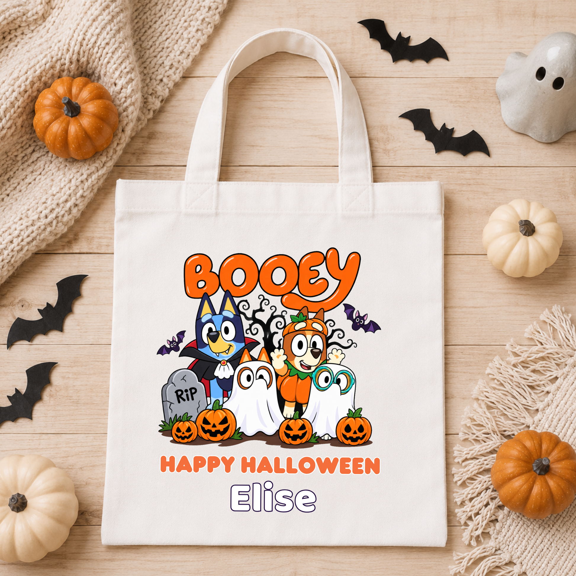 Kids Personalised Halloween Trick or Treat Bag with name, Bluey character design, pumpkins, ghosts and bats in purple, violet, white and pink