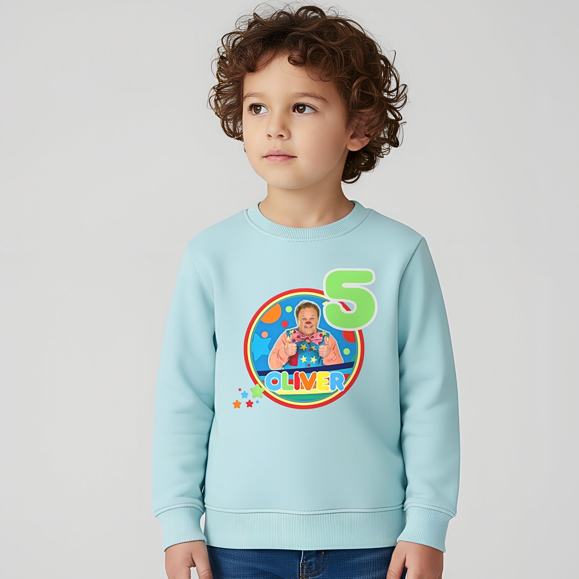 Mr Tumble birthday sweatshirt for kids featuring colourful character design, personalised name option, and bright festive details.