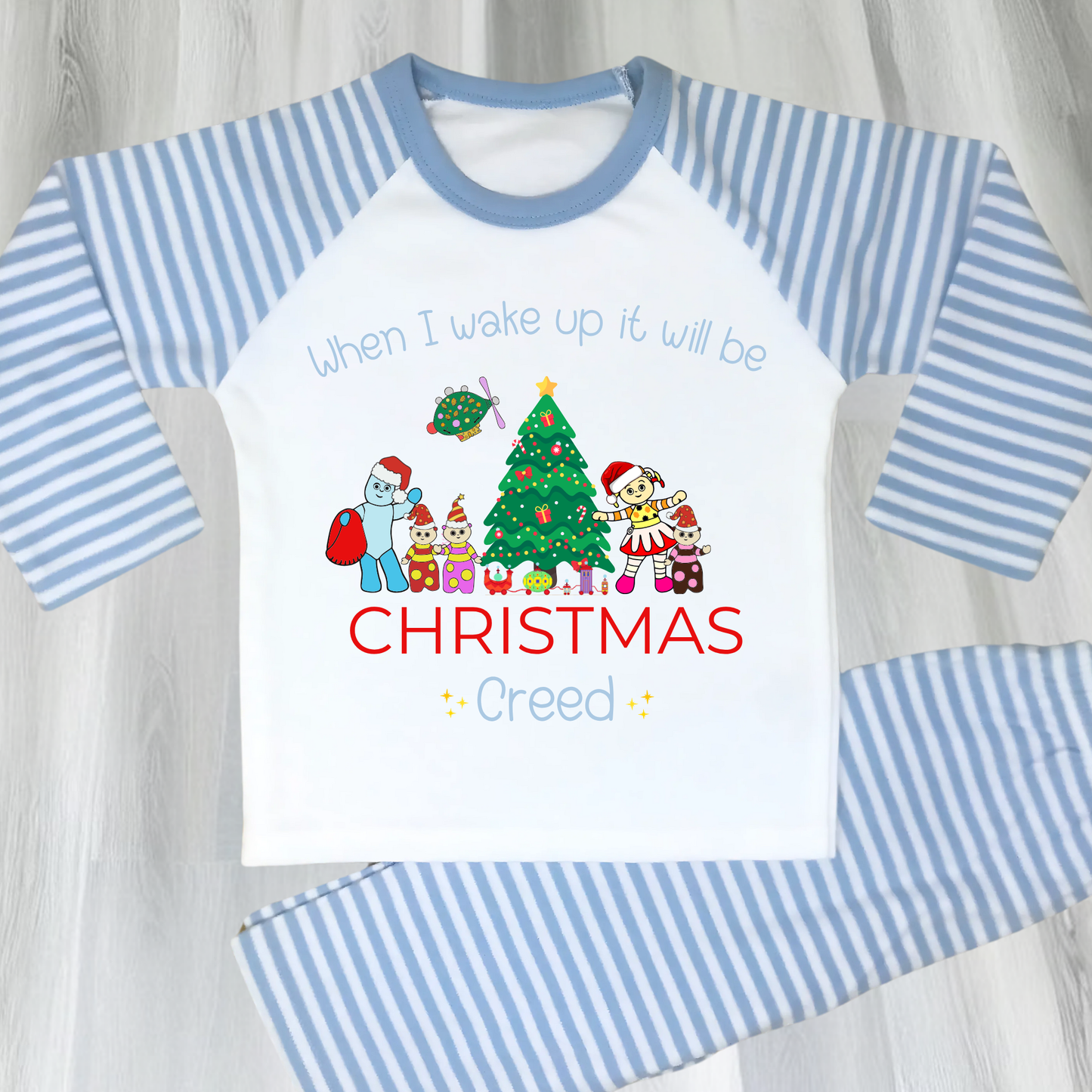 Personalised In the Night Garden Christmas pyjamas for boys with festive characters and custom name design