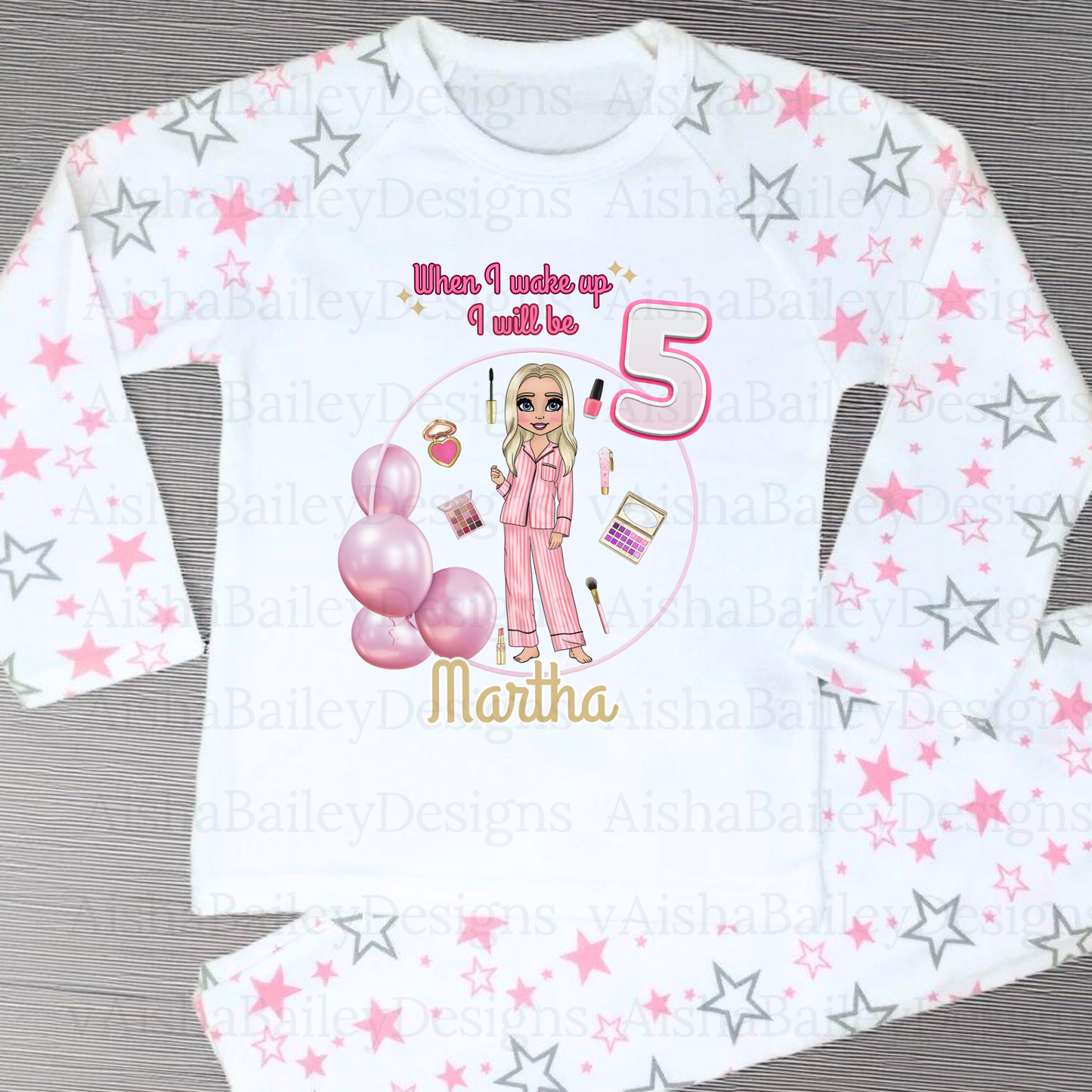 Girls personalised birthday pyjamas, irls personalised birthday pyjamas with a custom makeup doll design. A soft, cosy, and thoughtful birthday gift that’s unique to your child.