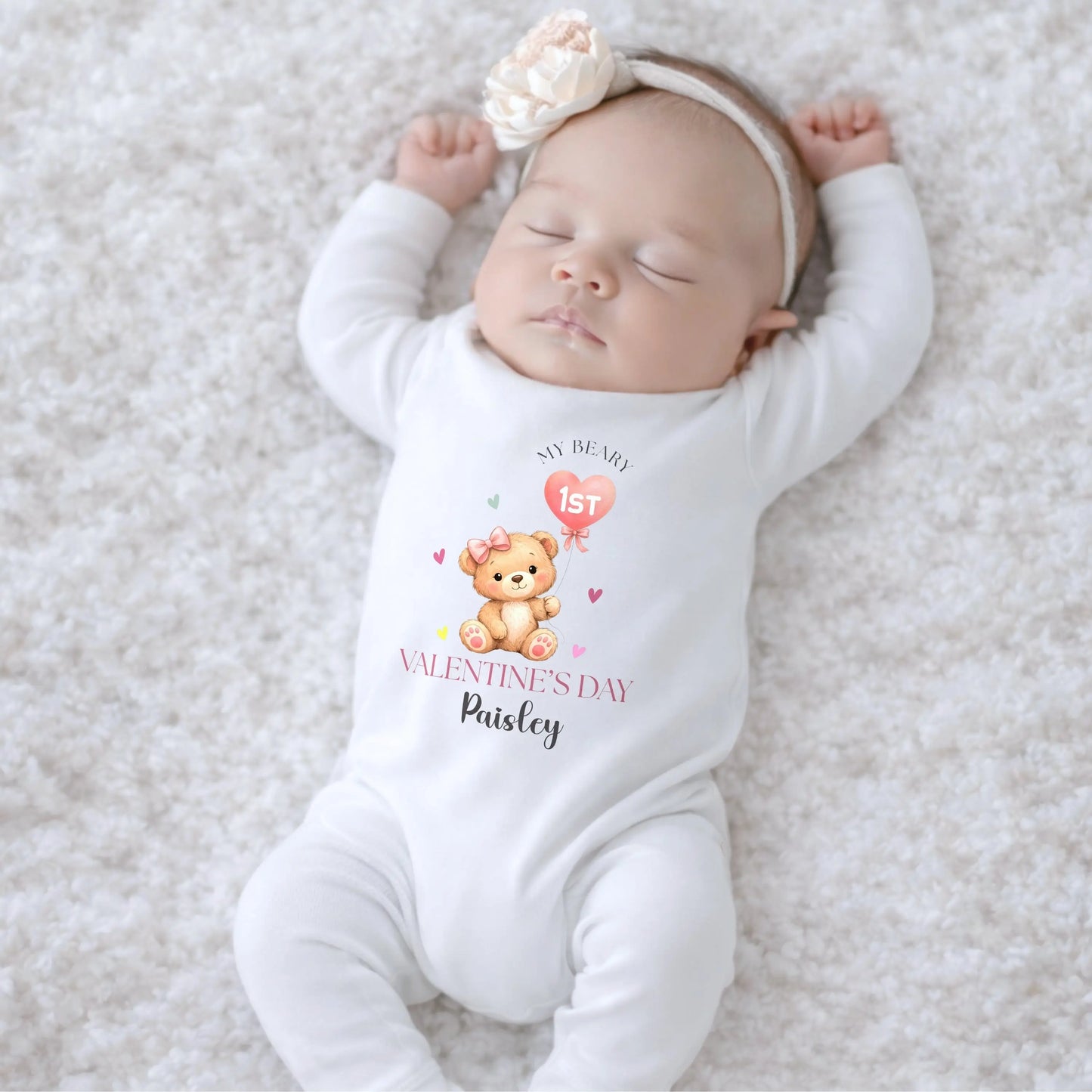 Personalised First Valentines Day baby girl outfit - baby grow, vest, bib with her custom name. The cute Valentine gift for baby