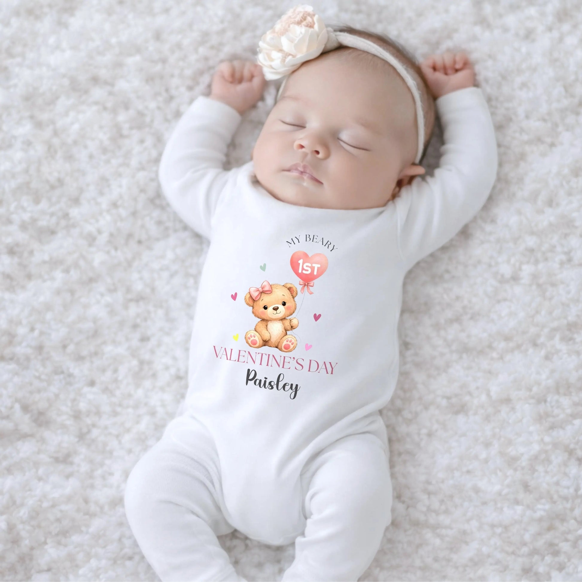 Personalised First Valentines Day baby girl outfit - baby grow, vest, bib with her custom name. The cute Valentine gift for baby