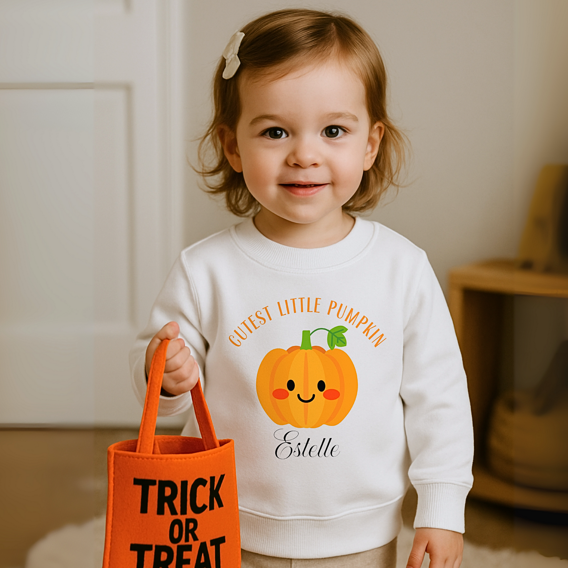 Personalised halloween sweatshirt: Toddler wearing a personalised Halloween pumpkin sweatshirt that says "Cutest Little Pumpkin", Personalised Halloween Jumper, Toddler pumpkin jumper