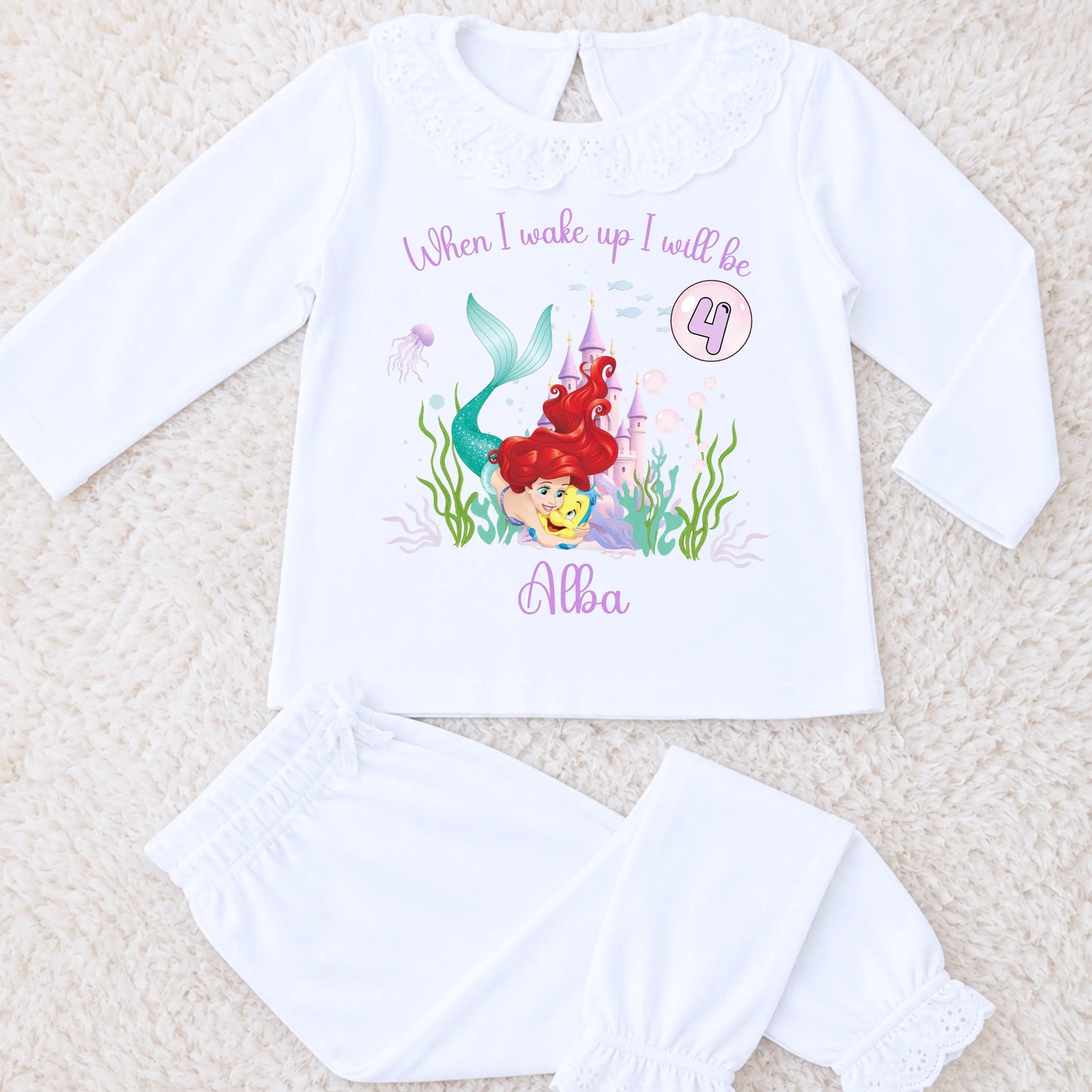 Girls Mermaid Ariel Birthday Pyjamas Personalised – Under The Sea Purple Stripe or White Frilly PJs Set AishaBaileyDesigns