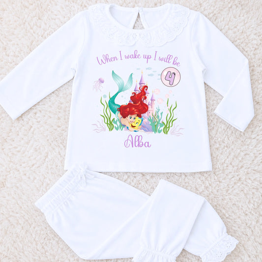 Girls Mermaid Ariel Birthday Pyjamas Personalised – Under The Sea Purple Stripe or White Frilly PJs Set AishaBaileyDesigns