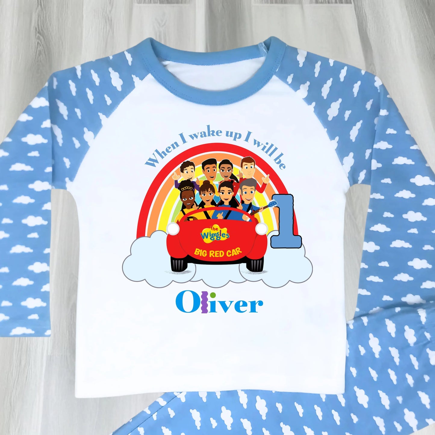 Personalised The Wiggles birthday pyjamas for boys with custom name and age, Big Red Car design.